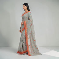 Grey Orange Floral Cotton Saree