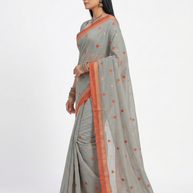 Grey Orange Floral Cotton Saree