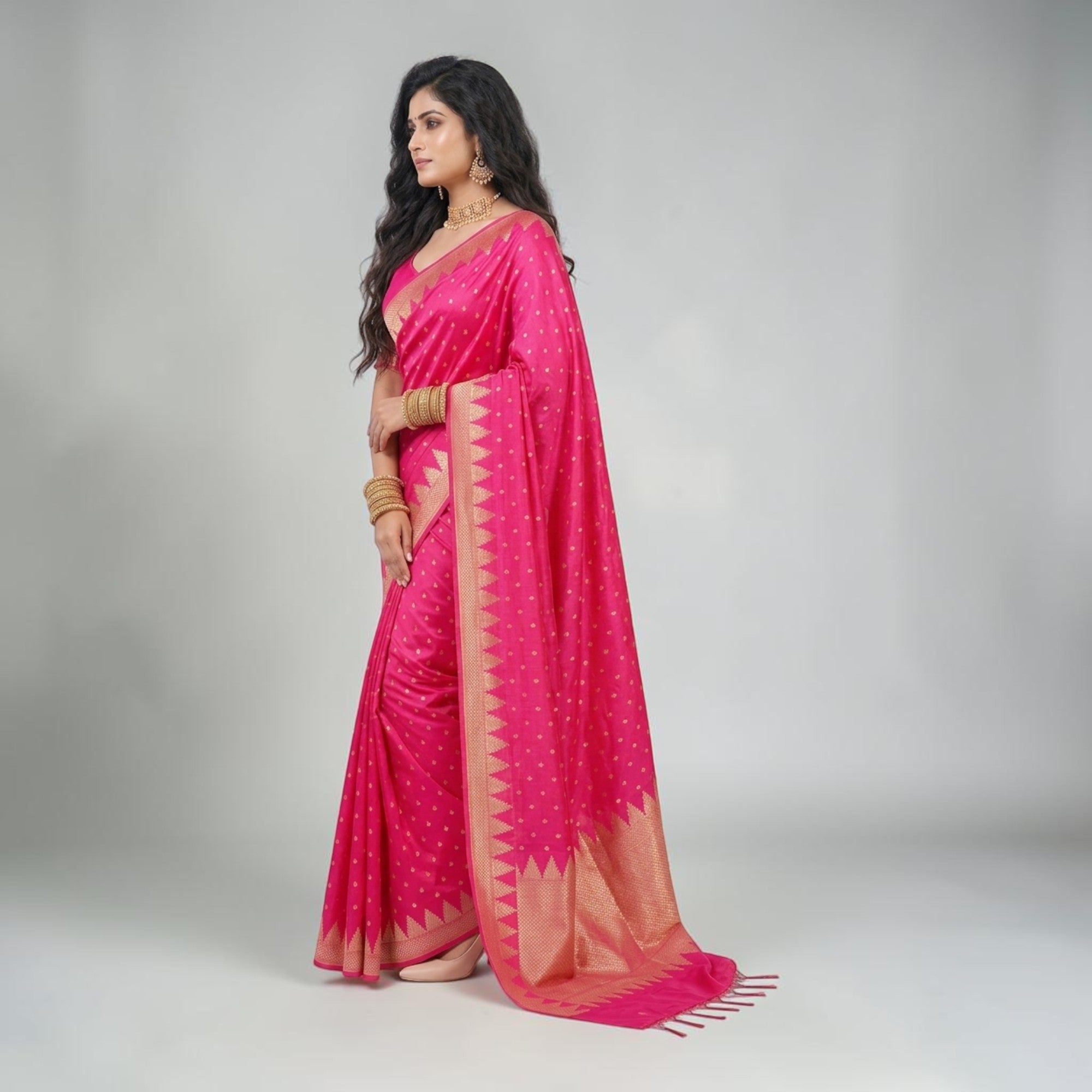Pink Golden Buti Zari Work Silk Saree