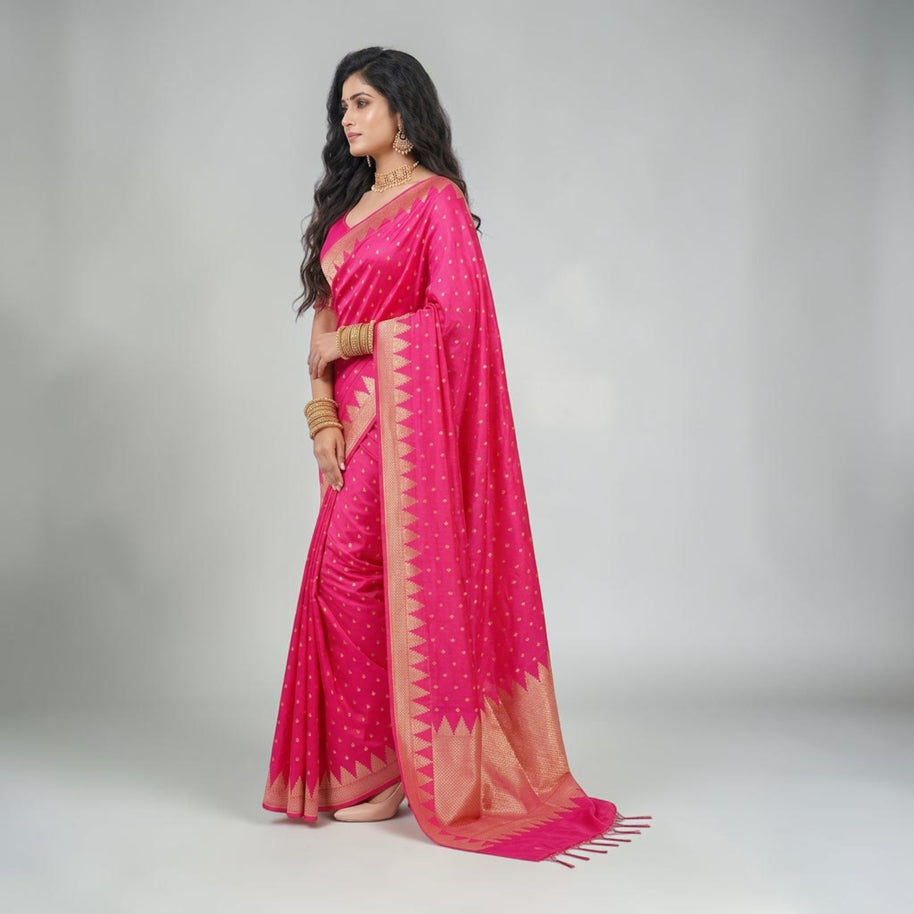 Pink Golden Buti Zari Work Silk Saree
