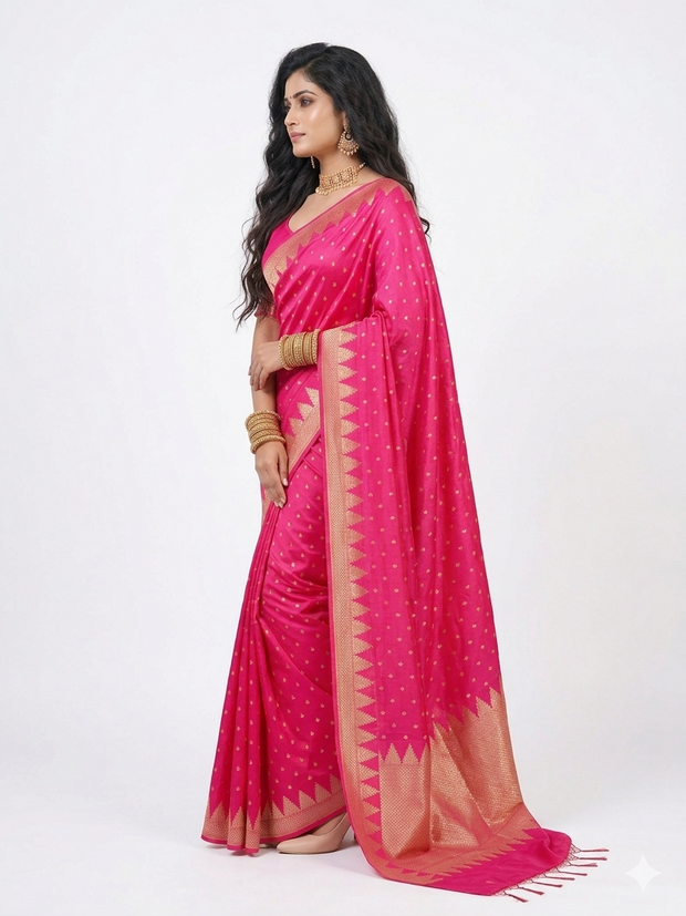 Pink Golden Buti Zari Work Silk Saree