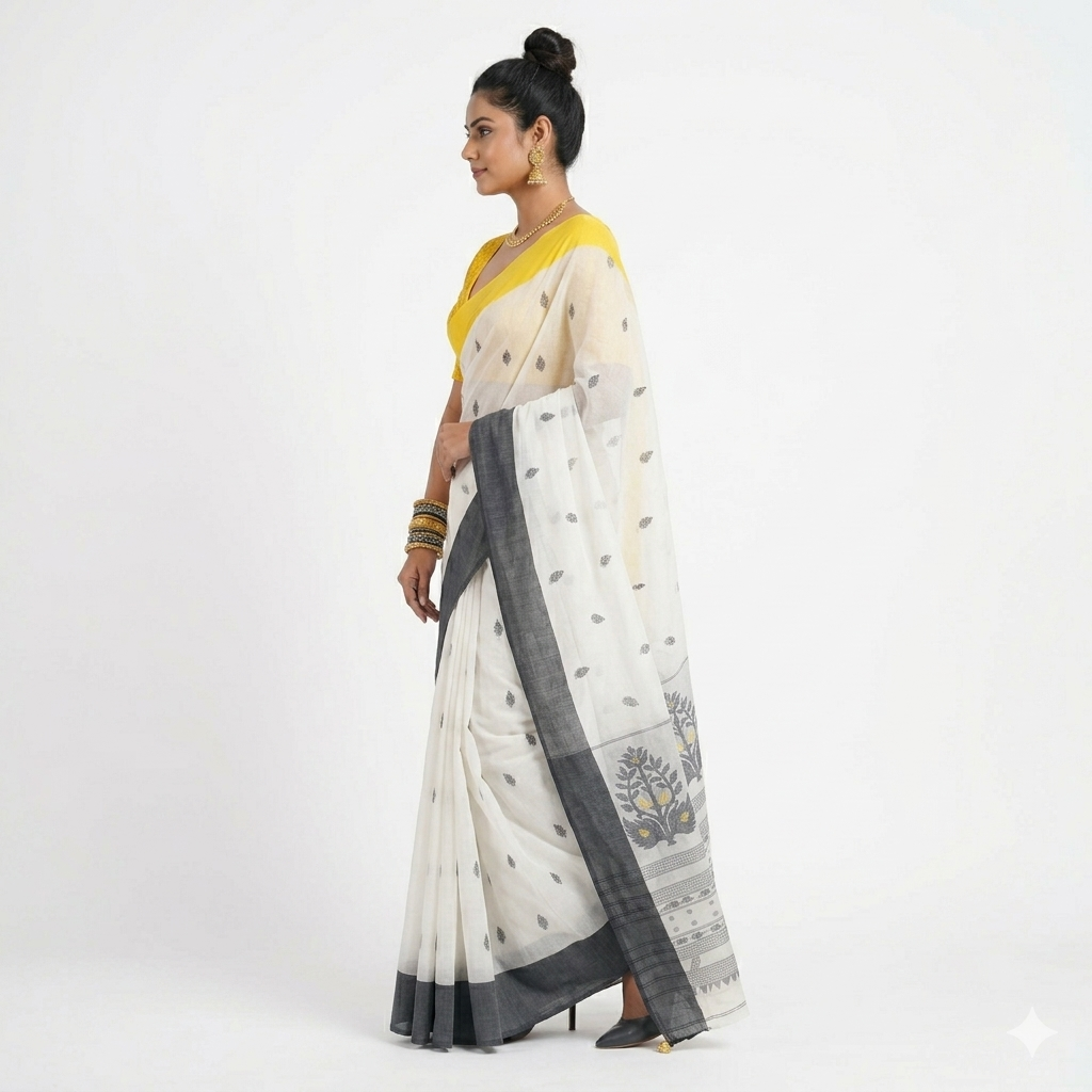 Offwhite Grey Floral Cotton Saree