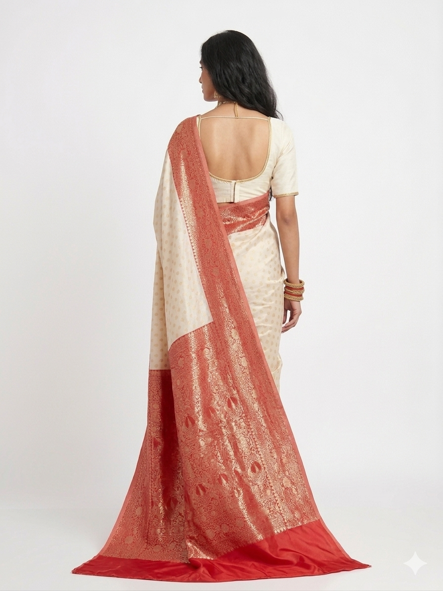 Cream Red Border Silk Saree