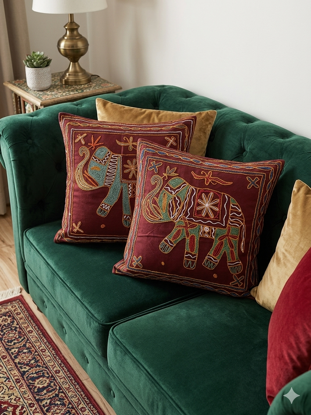Maroon embroidery Cotton Cushion