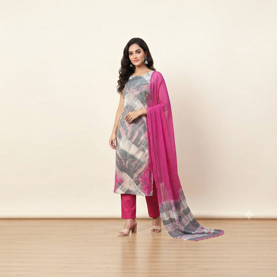 Pink Grey Modal Silk Tie-Dye Suit