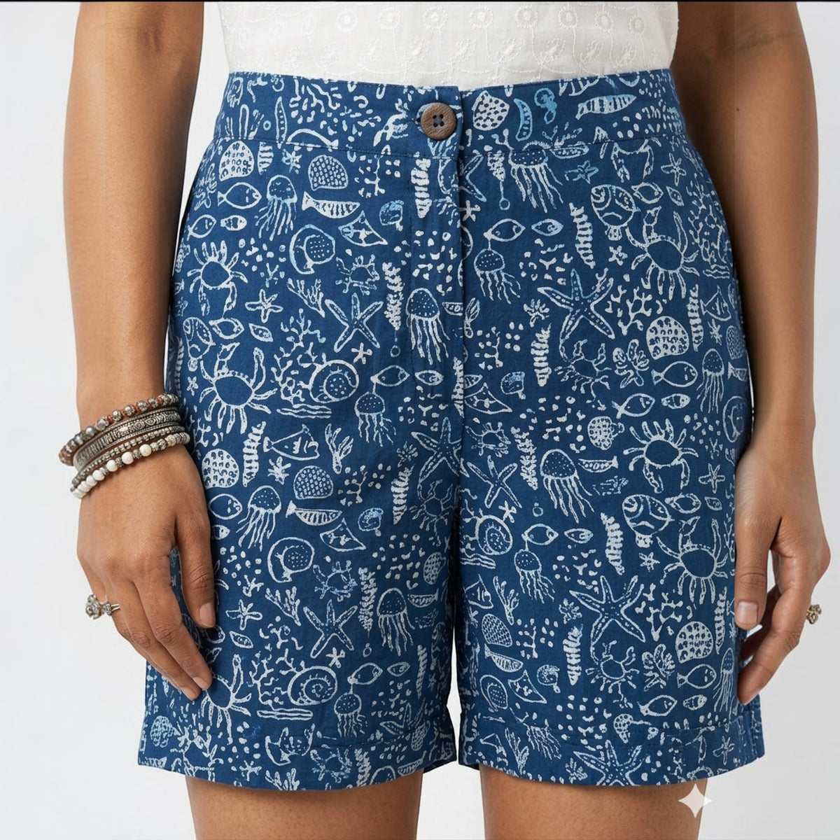 Blue Handblock Print Cotton Shorts
