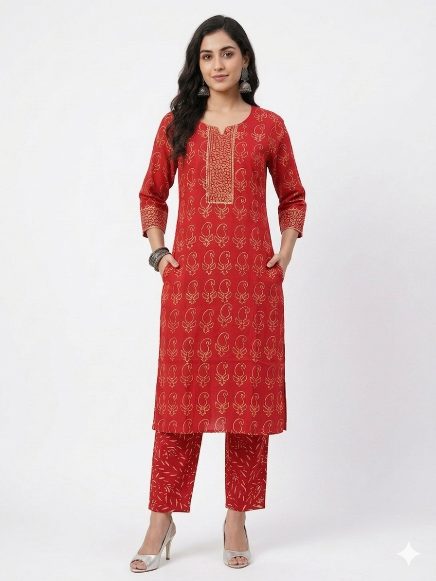 Red Handblock Cotton Kurta & Pant