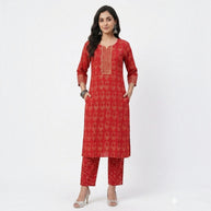 Red Handblock Cotton Kurta & Pant