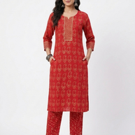 Red Handblock Cotton Kurta & Pant