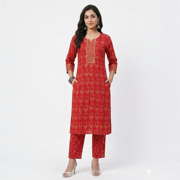 Red Handblock Cotton Kurta & Pant