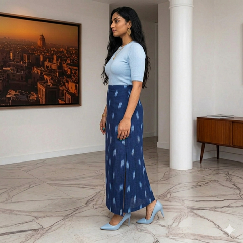 Blue White Handwoven Ikat Cotton Long Skirt