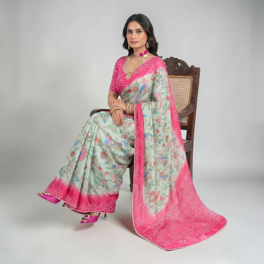 Green Kalmakari Bandhani Makhmali Silk Saree