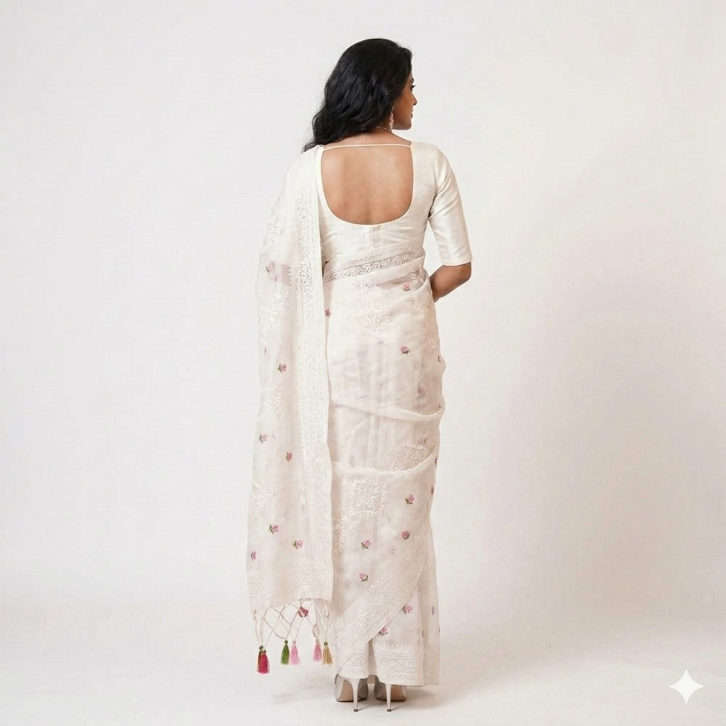 White Chikankari Organza Saree