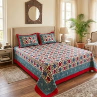 White Red Handblock Print Double Bedsheet