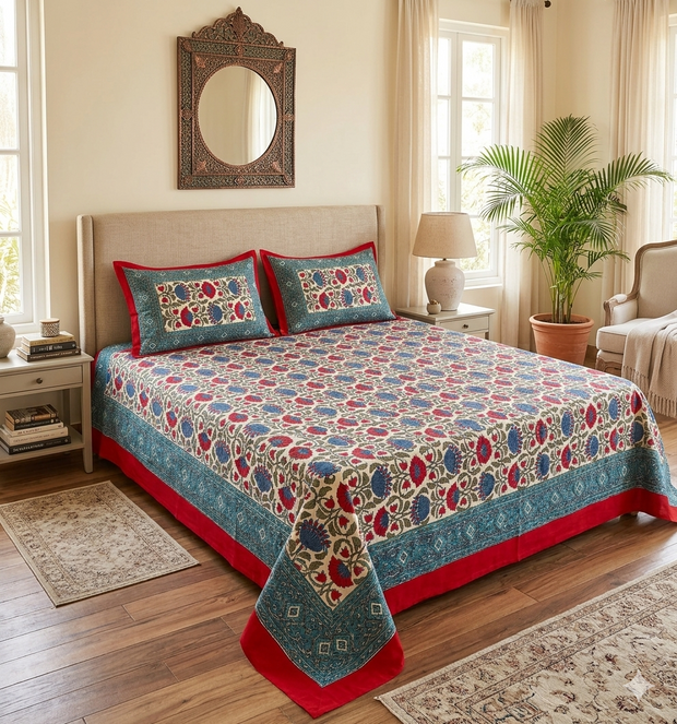 White Red Handblock Print Double Bedsheet