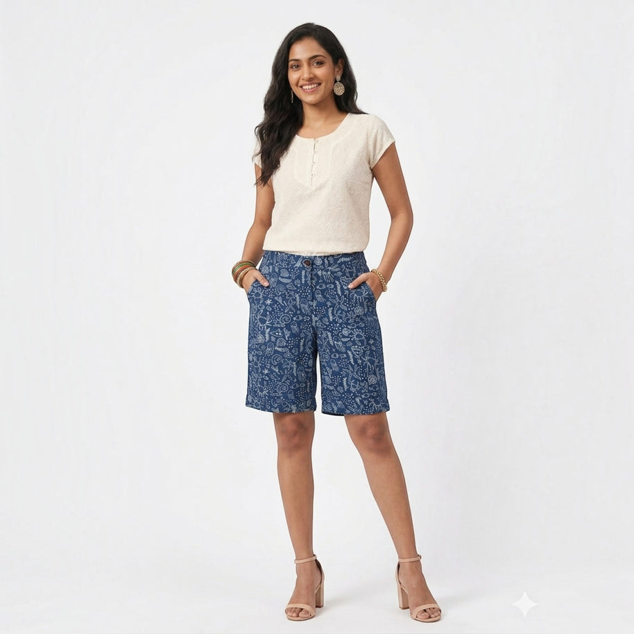 Blue Handblock Print Cotton Shorts
