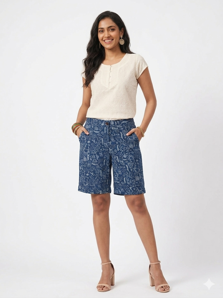 Blue Handblock Print Cotton Shorts