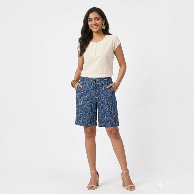 Blue Handblock Print Cotton Shorts