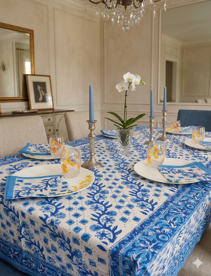 Handblock Print Cotton 6 Seater Rectangular Table Cover