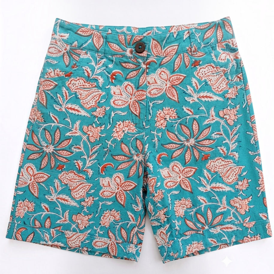 Sky Blue Handblock Cotton Shorts