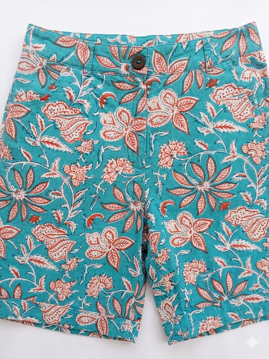 Sky Blue Handblock Cotton Shorts
