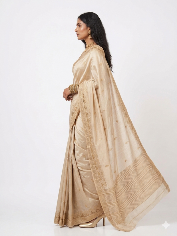 Light Brown Tussar Cutwork Silk Saree