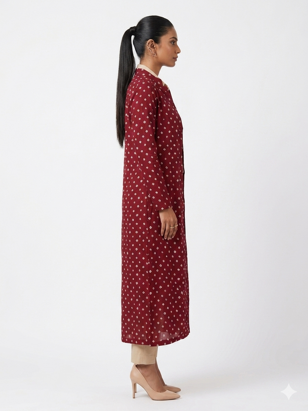 Maroon Modal Silk Bandhej Long Blazer