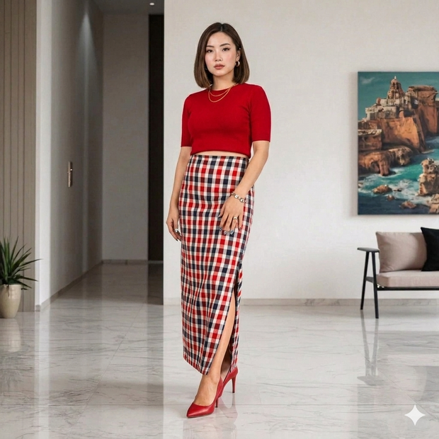 White Red Check Handwoven Ikat Cotton Long Skirt