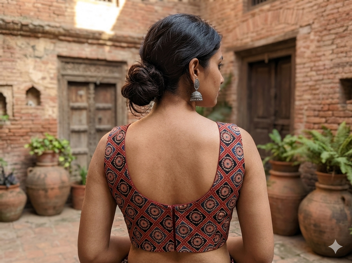 Maroon Grey Ajrakh Mashru Silk Blouse