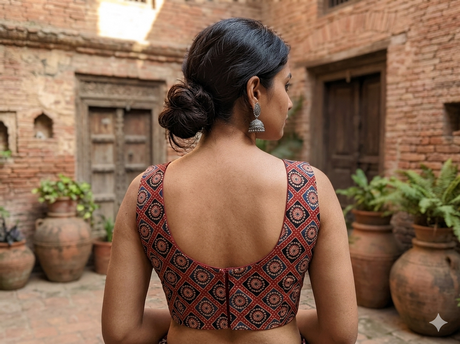 Maroon Grey Ajrakh Mashru Silk Blouse