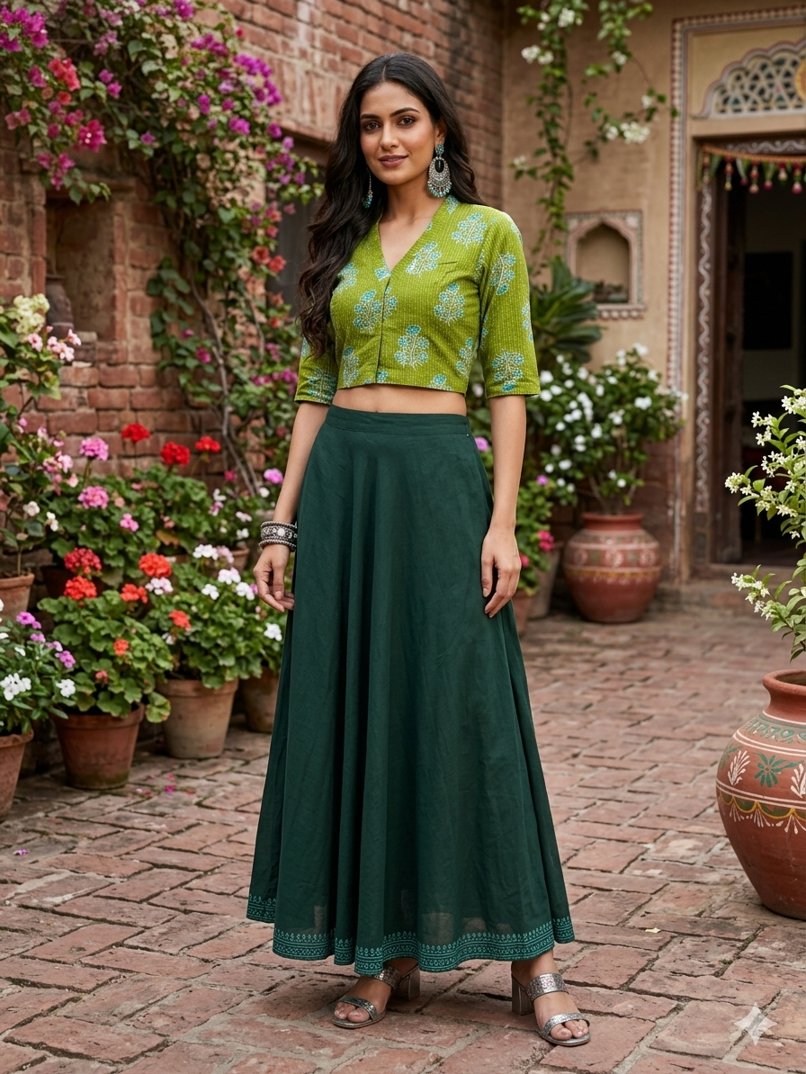 Green Floral Handblock Print Cotton Blouse