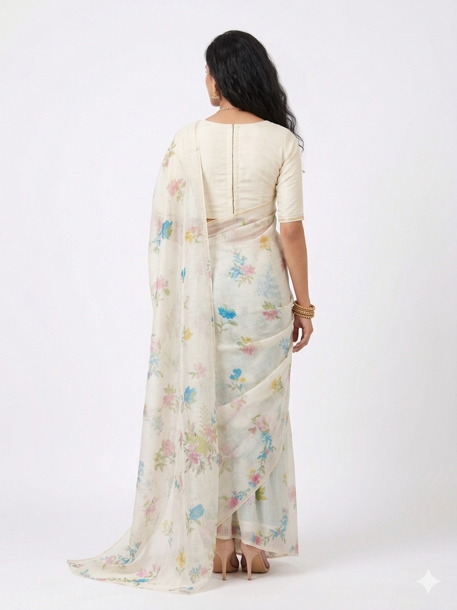White Multi Floral Kota Cotton Saree