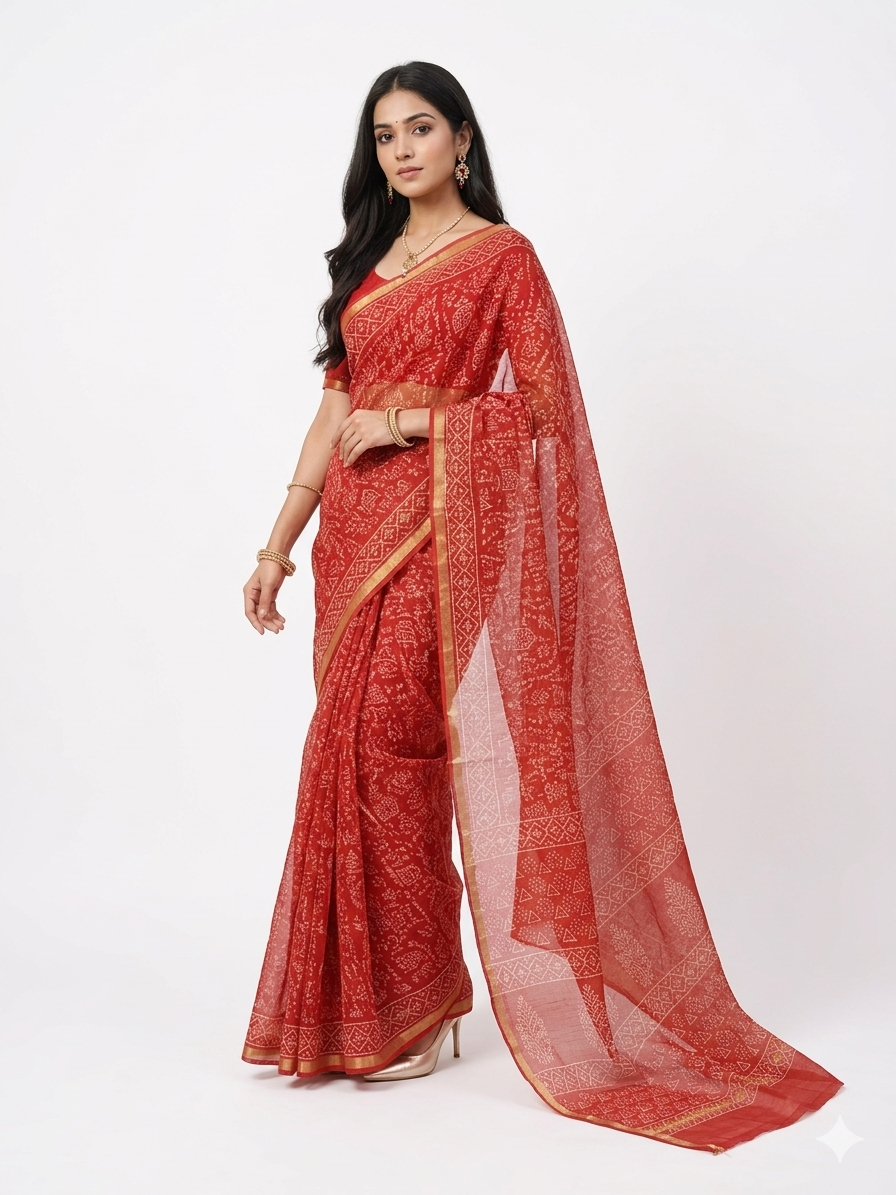 Red Tribal Handblock Kota Cotton Saree