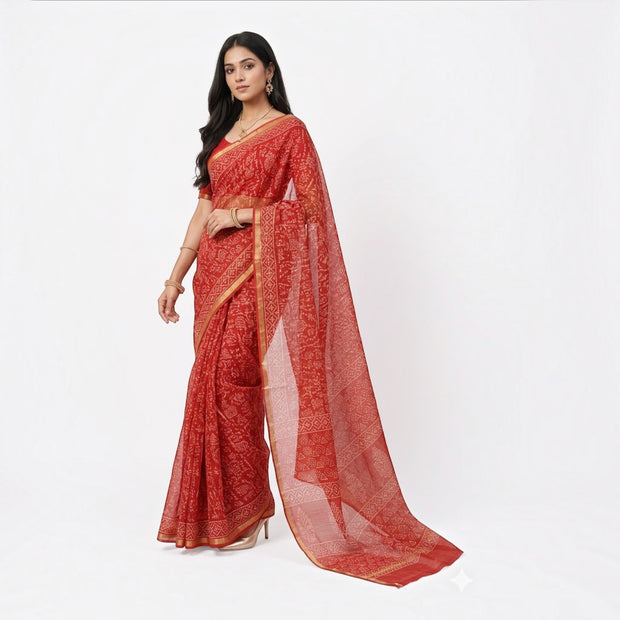 Red Tribal Handblock Kota Cotton Saree