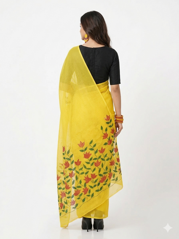 Yellow Handpainted Kota Cotton Saree