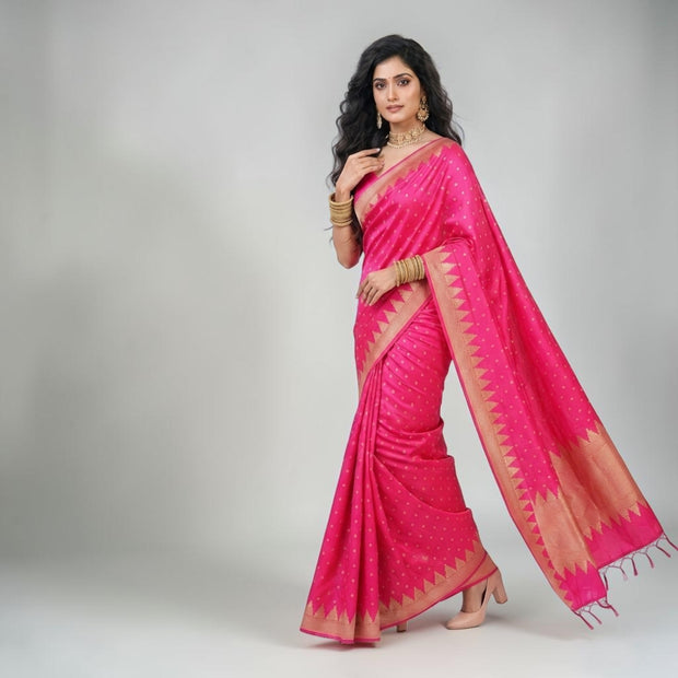 Pink Golden Buti Zari Work Silk Saree