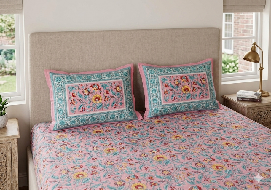 Pink Multi Handblock Print Double Bedsheet