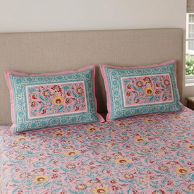 Pink Multi Handblock Print Double Bedsheet