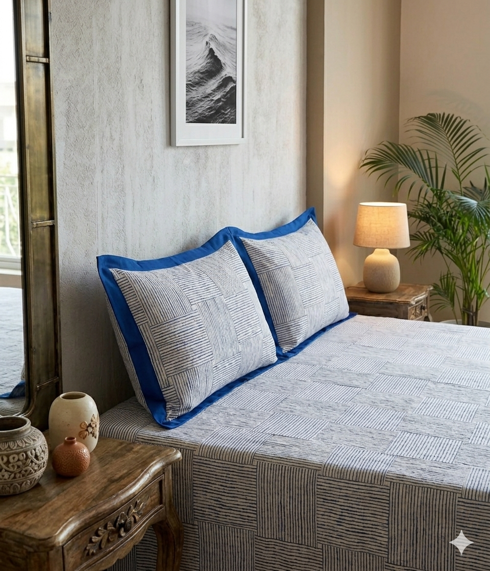 White Navy Blue Stripe Handblock Print Double Bedsheet