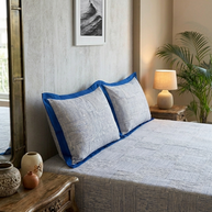 White Navy Blue Stripe Handblock Print Double Bedsheet