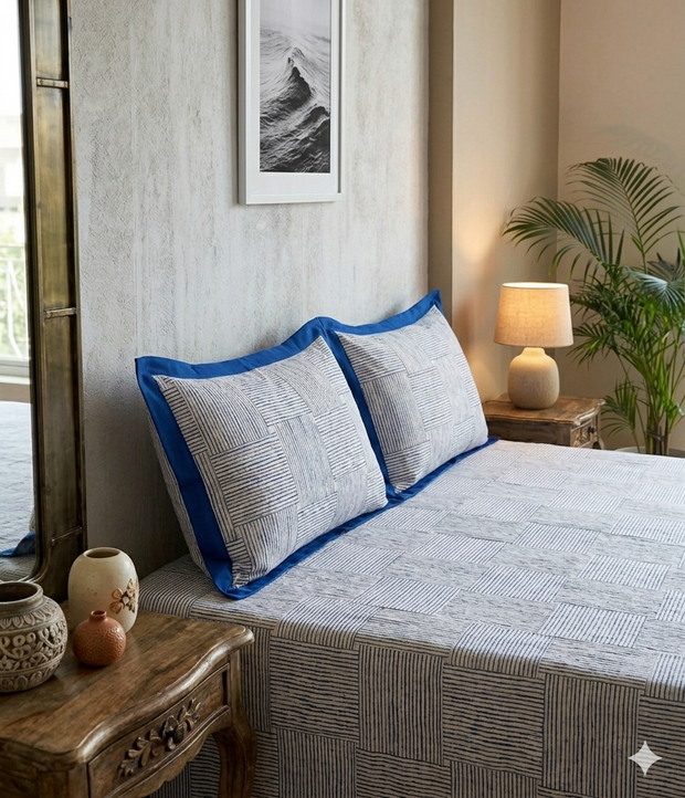 White Navy Blue Stripe Handblock Print Double Bedsheet