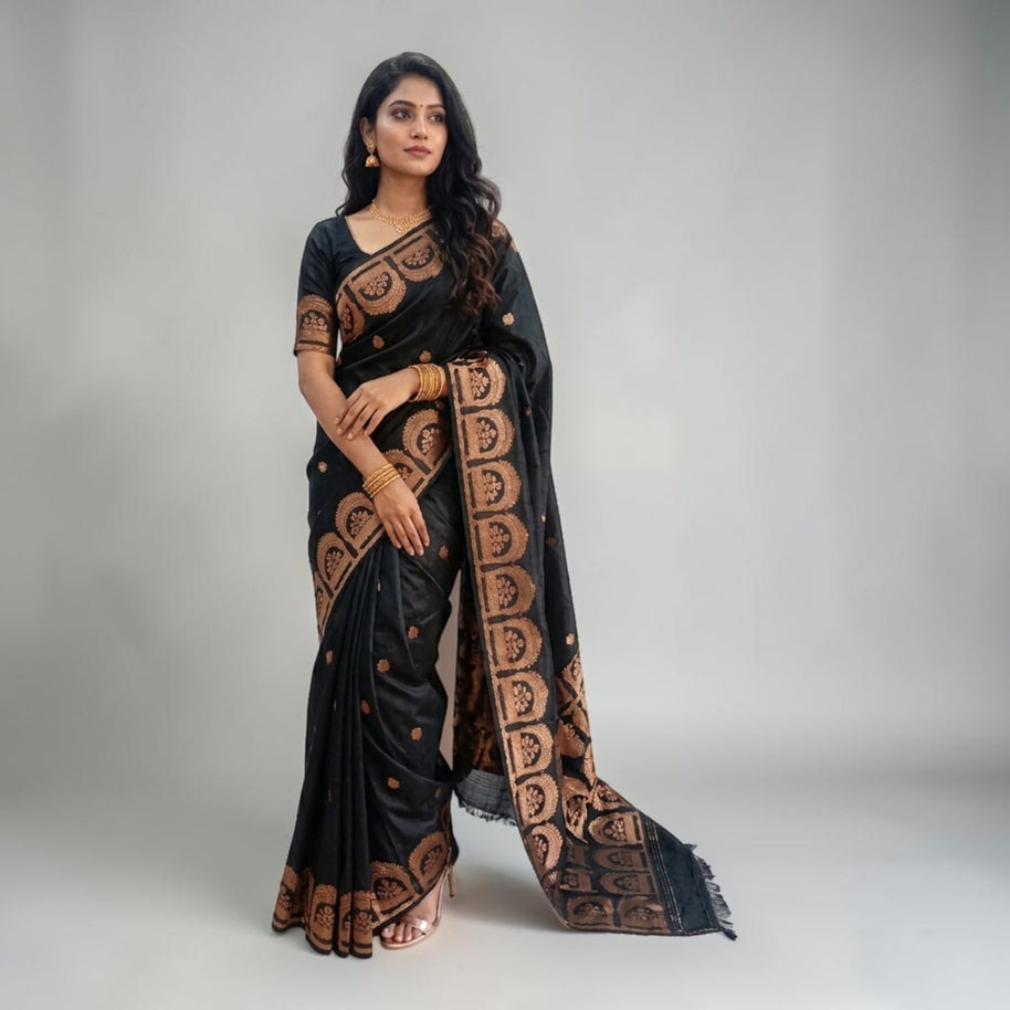 Black Golden Zari Work Silk Saree