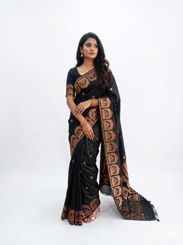 Black Golden Zari Work Silk Saree