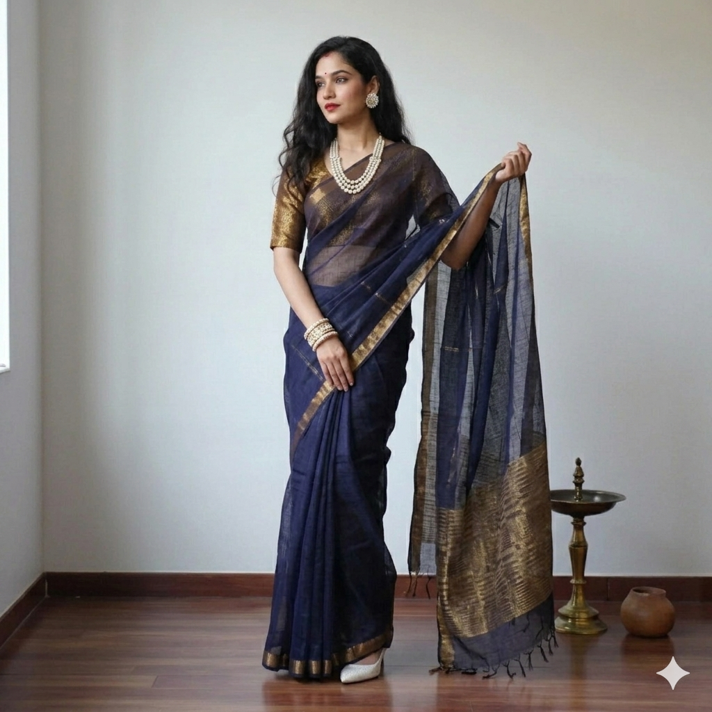 Navy Blue Handloom Kota Cotton Saree