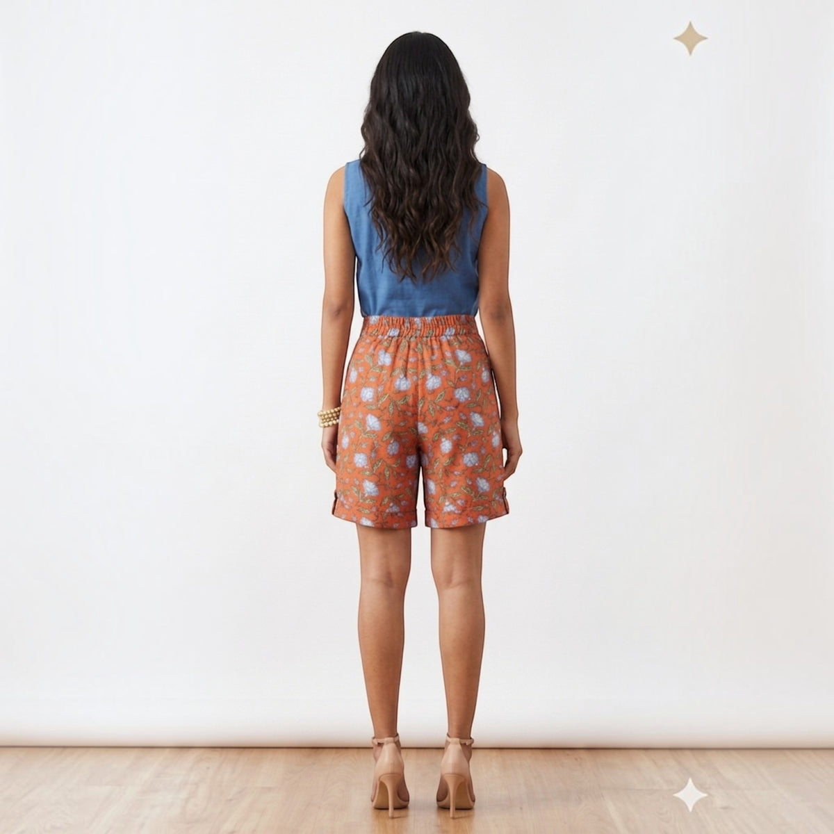 Orange Floral Handblock Cotton Shorts