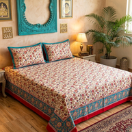 White Musturd Handblock Print Double Bedsheet