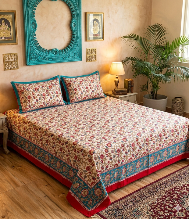 White Musturd Handblock Print Double Bedsheet