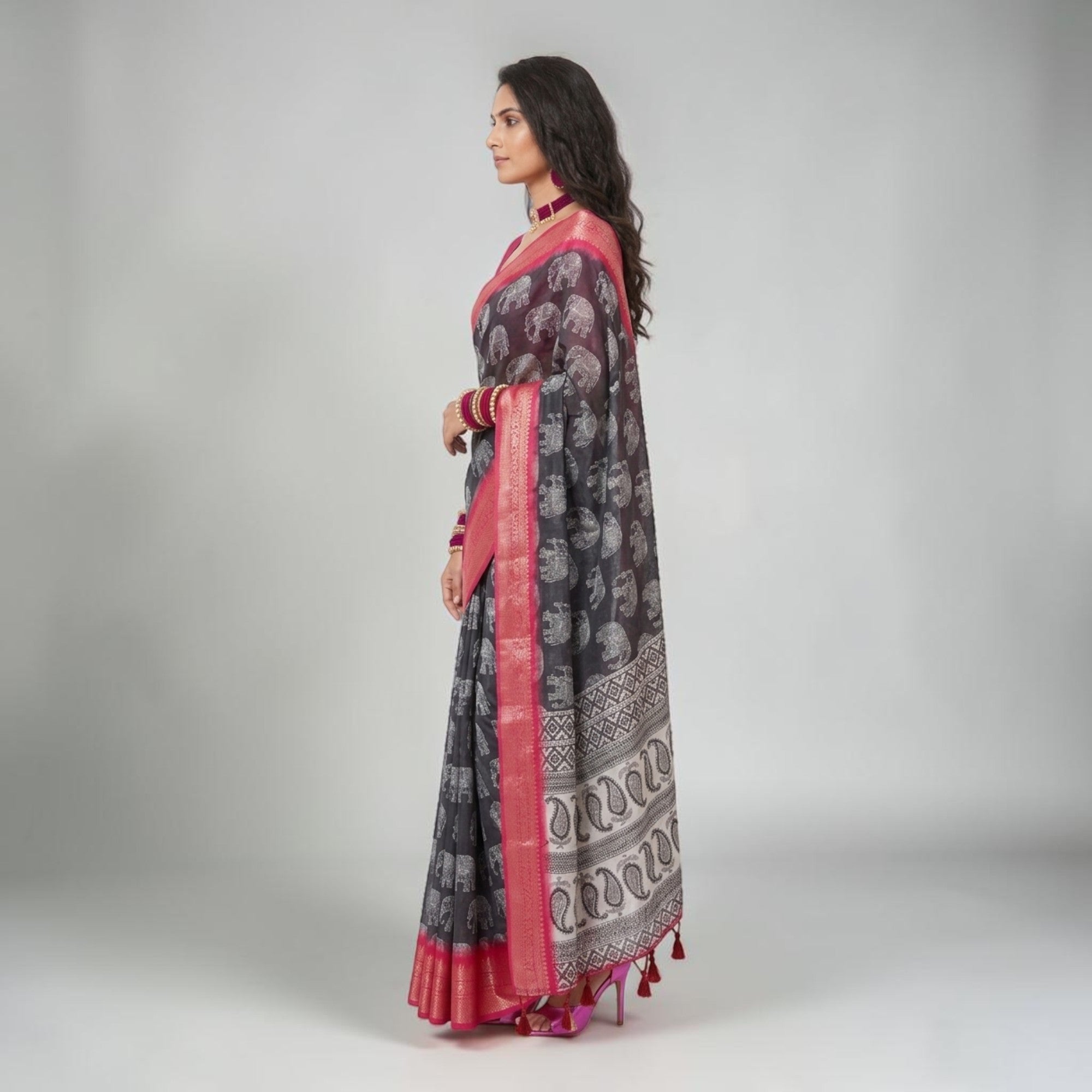 Black Soft Litchi Silk Saree