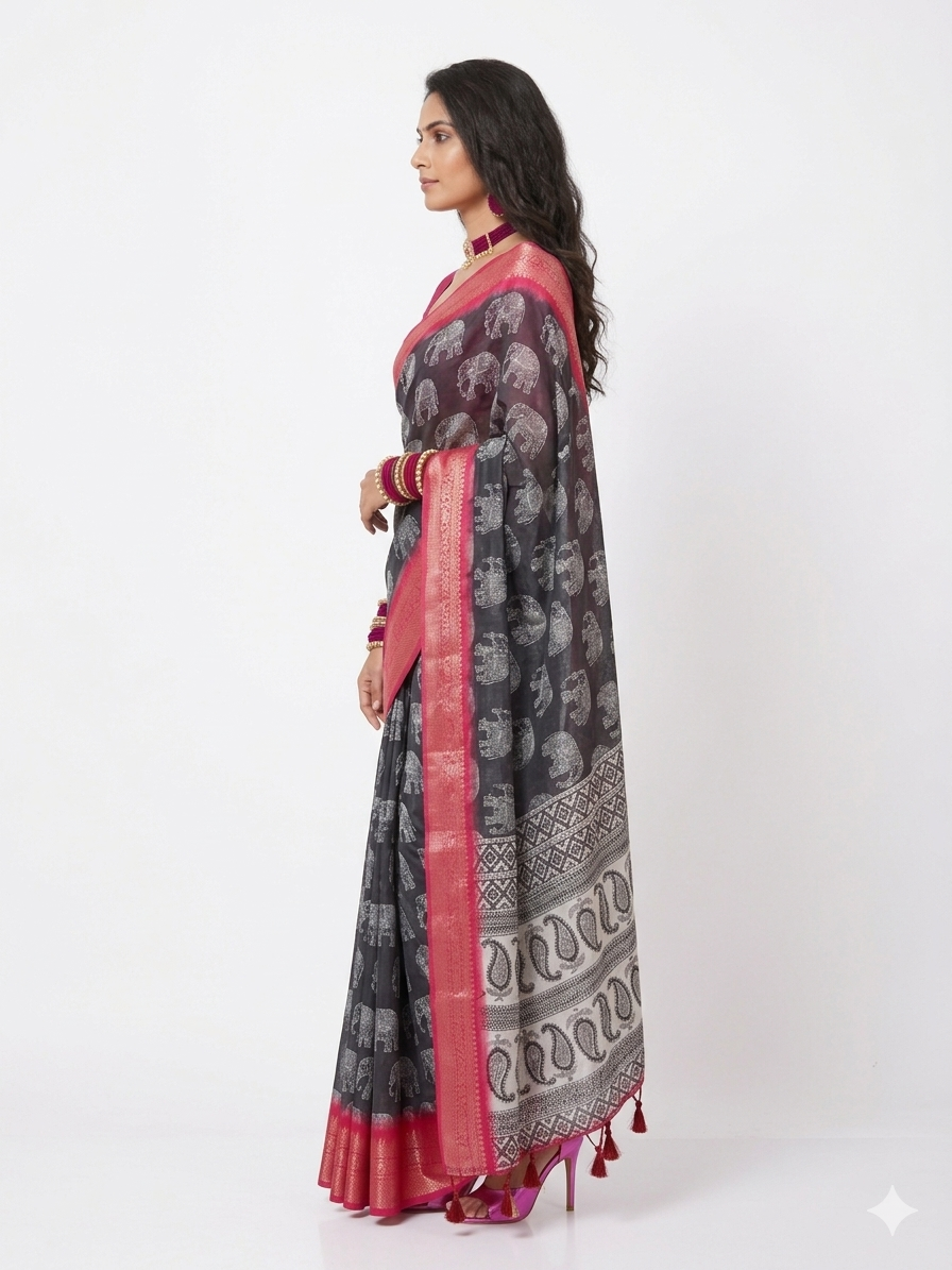 Black Soft Litchi Silk Saree