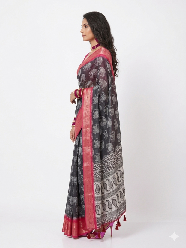 Black Soft Litchi Silk Saree